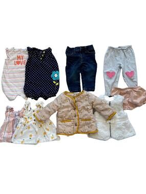 Baby Girl Bundle - 9 items, rompers, dresses, jeans, quilted jacket, 6-12mos.